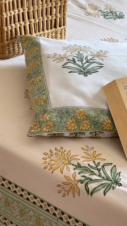 Yellow Blossom Handblocked Super King Size Bedsheet
