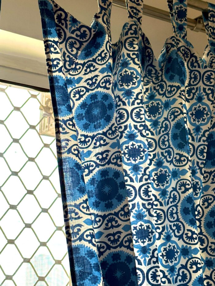 1680113889818 Blue Indigo Semi Sheer Block Print Curtain - Image 1
