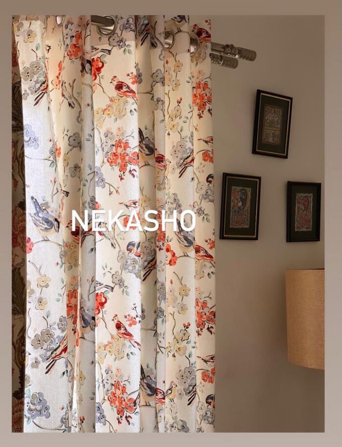 838FE6A5-54E8-45B7-A8D9-73E920FC983F Peach Chidiya Cotton Curtains - Image 1