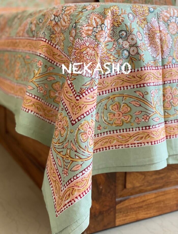 IMG_1428 Pastel Palette Green Handblocked Bedsheet - Image 1