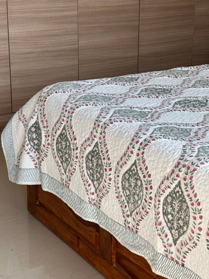 Blissful Grey Handblocked Cotton Quilted Bedcover - Image 6