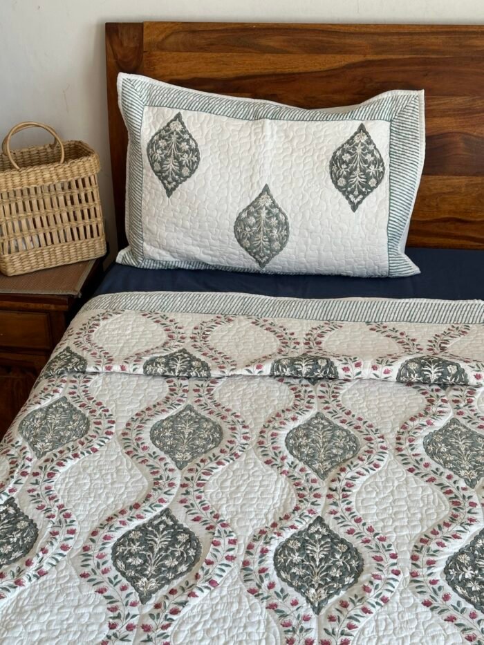 Blissful Grey Handblocked Cotton Quilted Bedcover - Image 2
