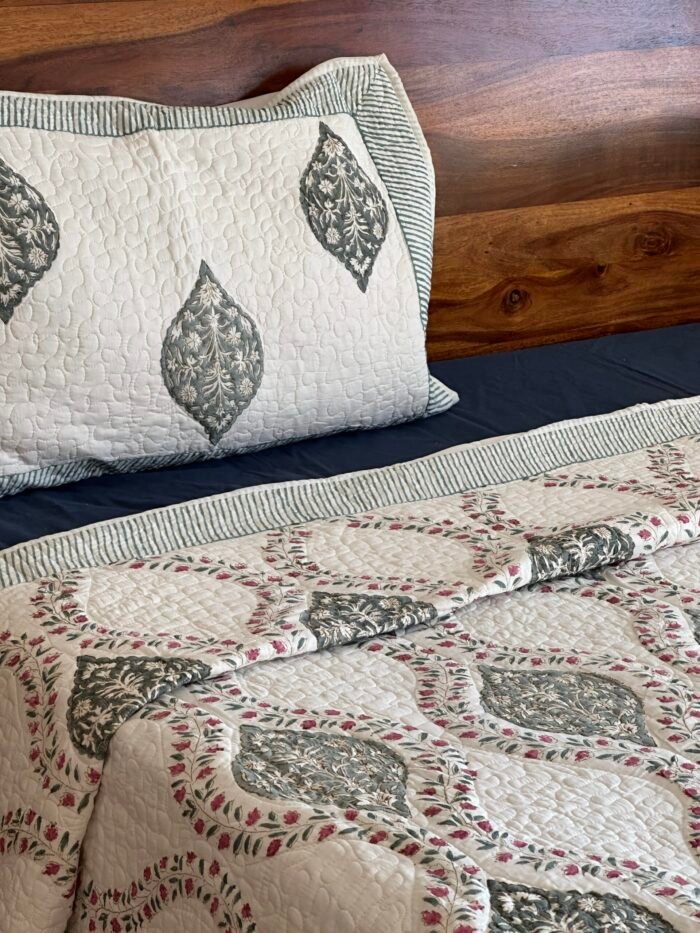Blissful Grey Handblocked Cotton Quilted Bedcover - Image 3