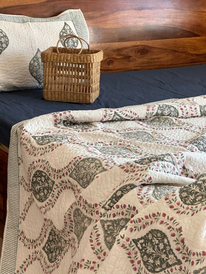 Blissful Grey Handblocked Cotton Quilted Bedcover - Image 5