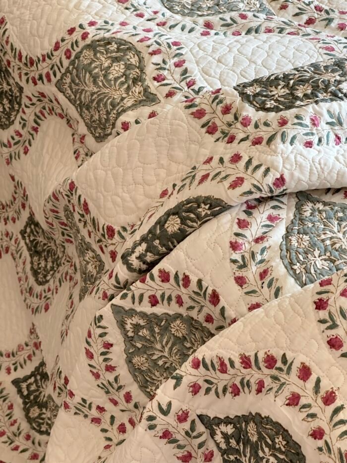Blissful Grey Handblocked Cotton Quilted Bedcover - Image 4
