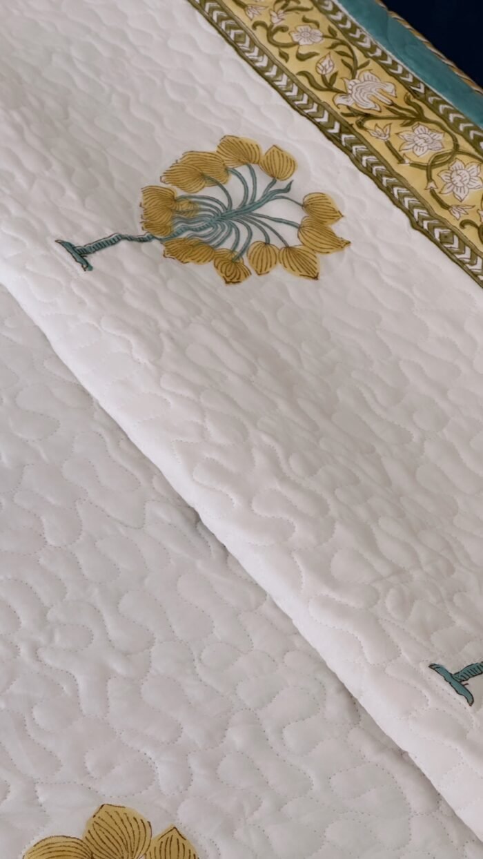 Yellow Upvan Handblocked Cotton Quilted Bedcover - Image 5
