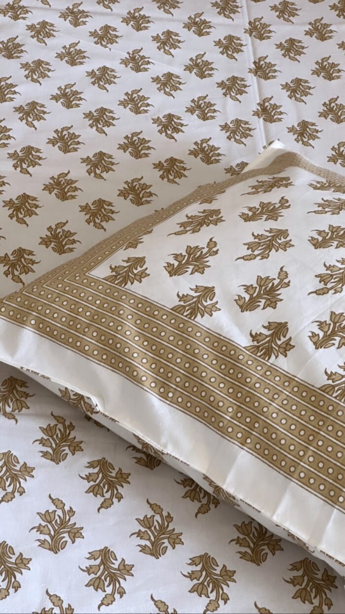 Beige Phool King Size Cotton Bedsheet - Image 2