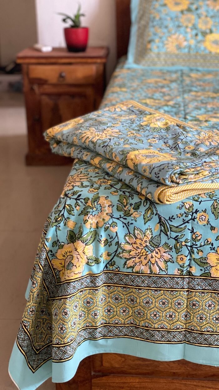 Green-Yellow Phulwari King Size Cotton Bedsheet - Image 2