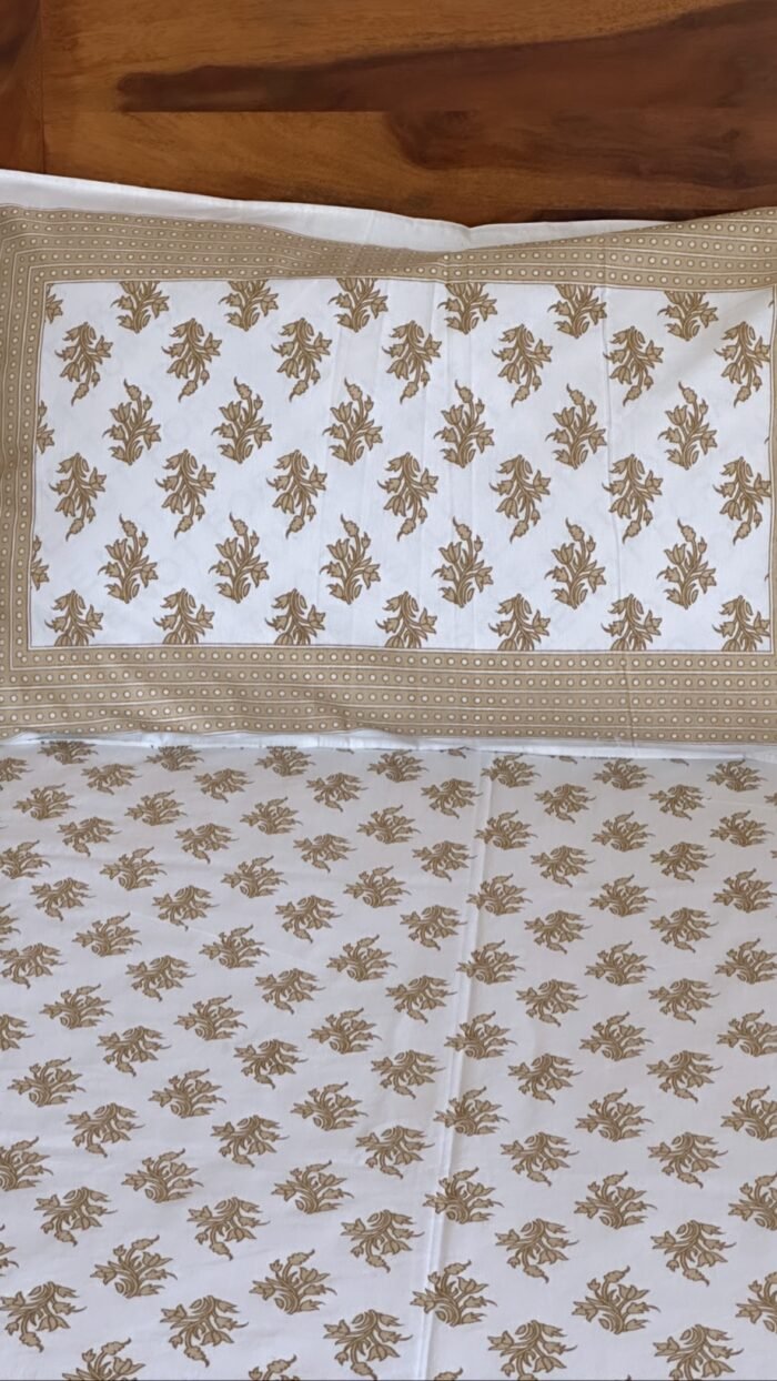 Beige Phool King Size Cotton Bedsheet - Image 3
