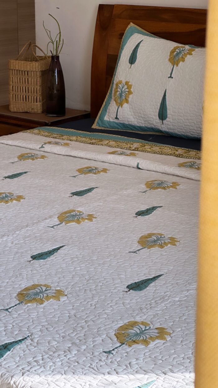 Yellow Upvan Handblocked Cotton Quilted Bedcover - Image 6