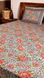 Green-Red Phulwari Super King Size Cotton Bedsheet - Image 3