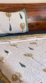 Yellow Upvan Handblocked Cotton Quilted Bedcover - Image 7