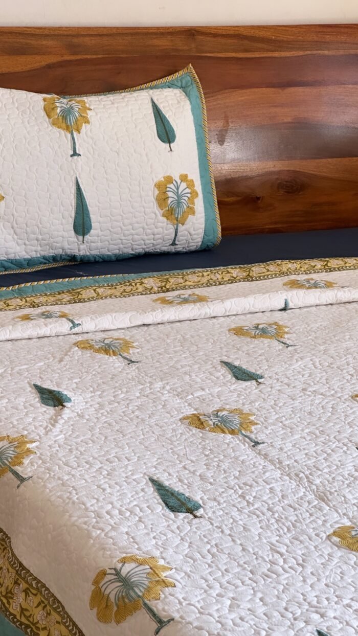 Yellow Upvan Handblocked Cotton Quilted Bedcover - Image 7