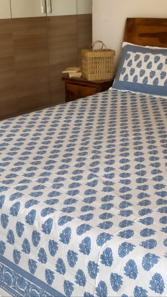 Blue Phool King Size Cotton Bedsheet - Image 2