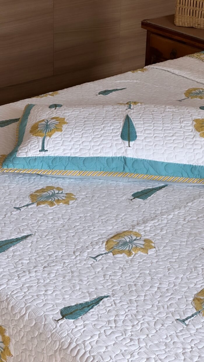 Yellow Upvan Handblocked Cotton Quilted Bedcover - Image 4