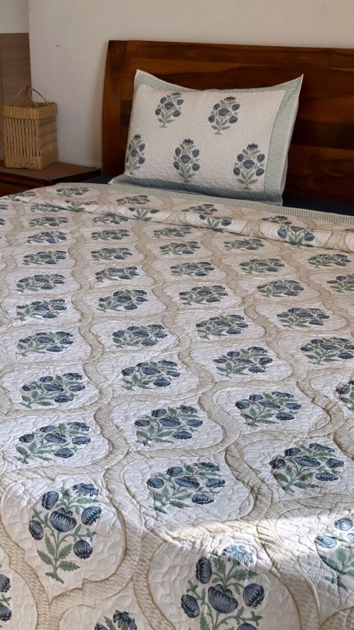 f2113561-defd-4673-a459-51cbb951eeeb Blue Bouquet Handblocked Cotton Quilted Bedcover - Image 5