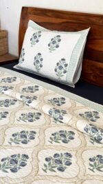 Blue Bouquet Handblocked Cotton Quilted Bedcover - Image 4