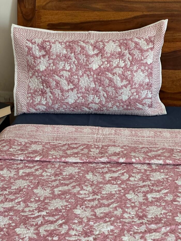 Pink Passion Handblocked Quilted Cotton Bedcover - Image 4