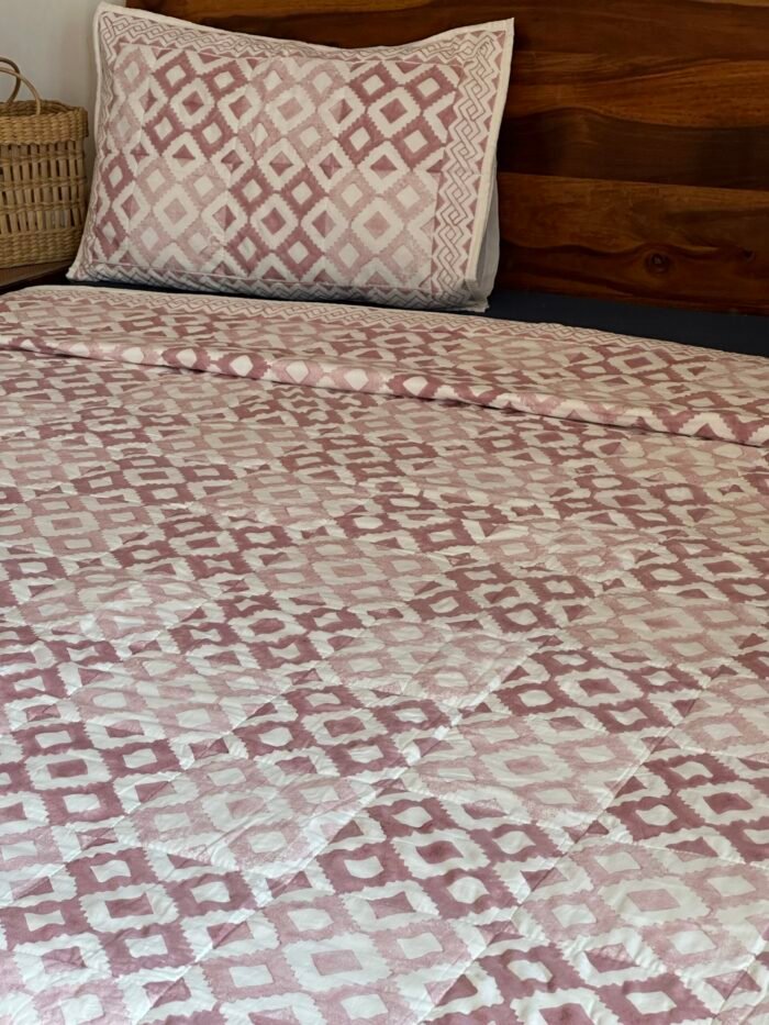 Vintage Pink Handblocked Quilted Cotton Bedcover - Image 3