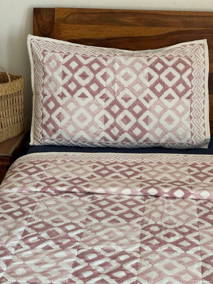 Vintage Pink Handblocked Quilted Cotton Bedcover - Image 5