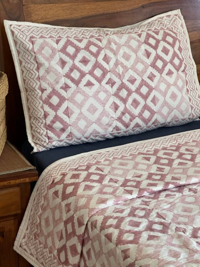 Vintage Pink Handblocked Quilted Cotton Bedcover - Image 2