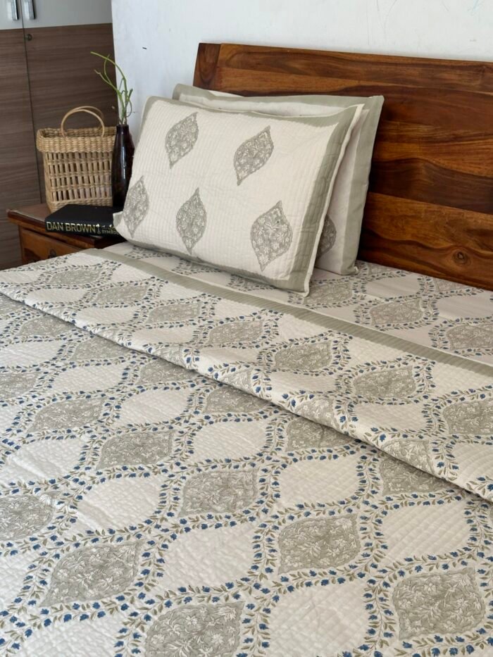 Beige Fiona Handblocked Quilted Cotton Bedcover - Image 7