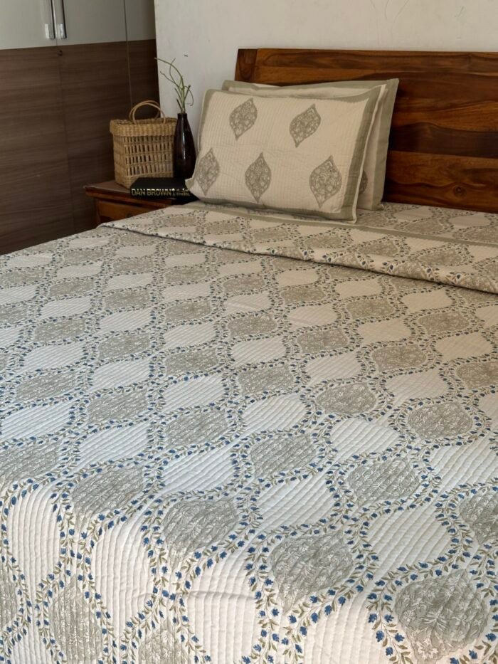Beige Fiona Handblocked Quilted Cotton Bedcover - Image 6