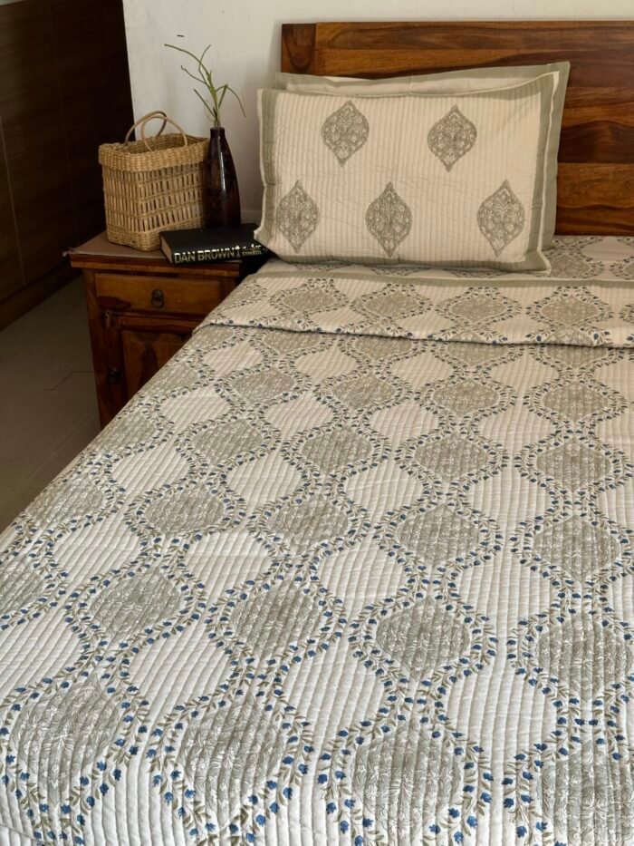 Beige Fiona Handblocked Quilted Cotton Bedcover - Image 5