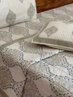 Beige Fiona Handblocked Quilted Cotton Bedcover - Image 2