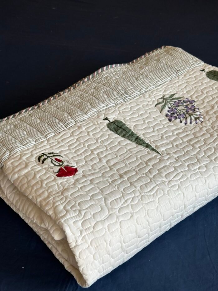 Blissful Garden Handblocked Cotton Quilted Bedcover - Image 4