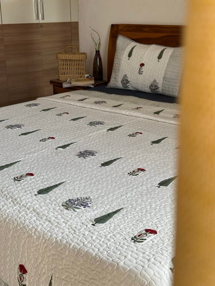 Blissful Garden Handblocked Cotton Quilted Bedcover - Image 2