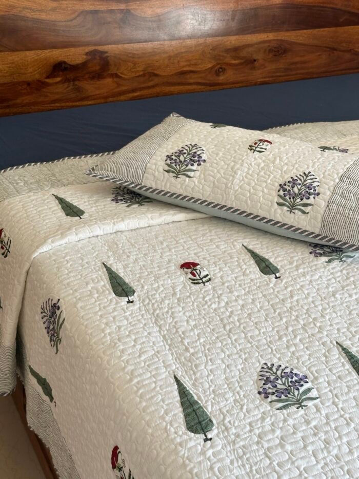 Blissful Garden Handblocked Cotton Quilted Bedcover - Image 3