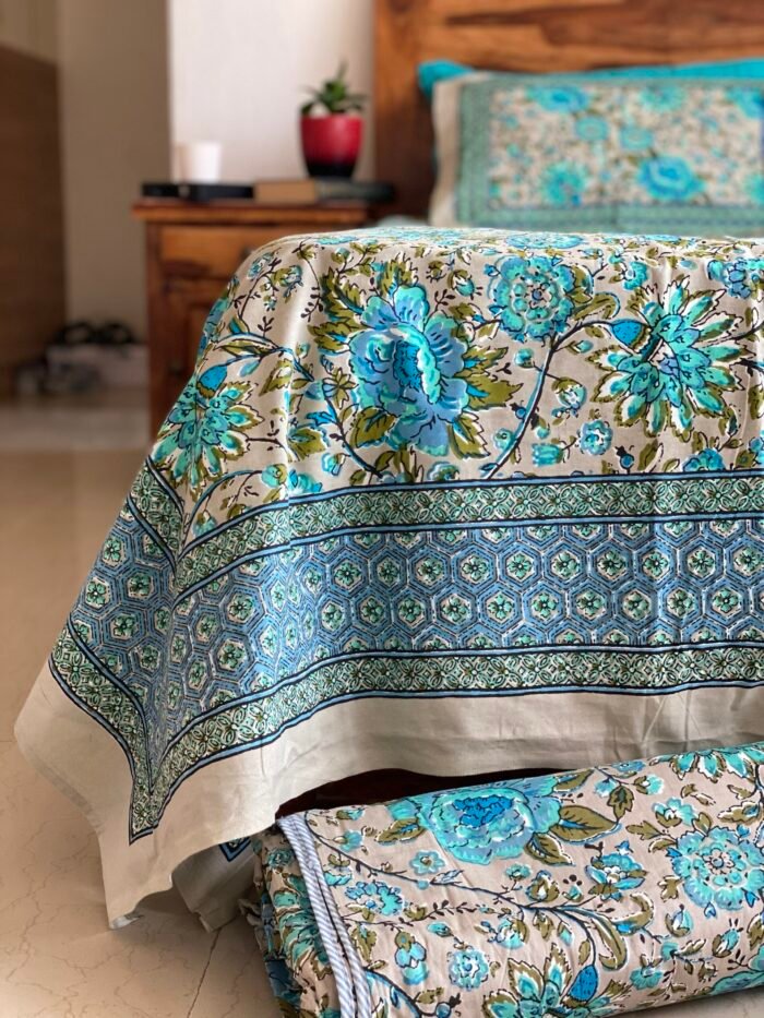 img_7758 Grey-Blue Phulwari Super king Size Cotton Bedsheet - Image 1