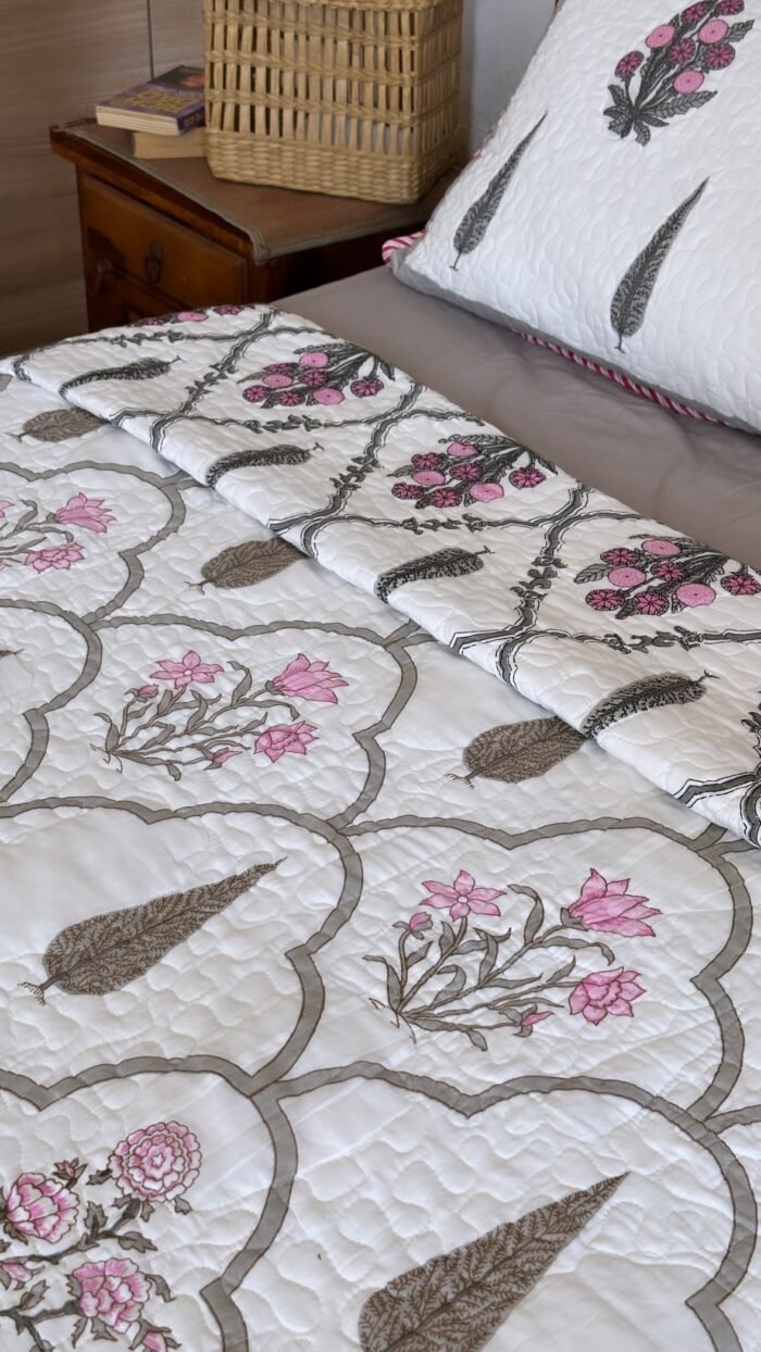 Grey-Pink Bouquet Reversible Quilted Bedcover - Image 2