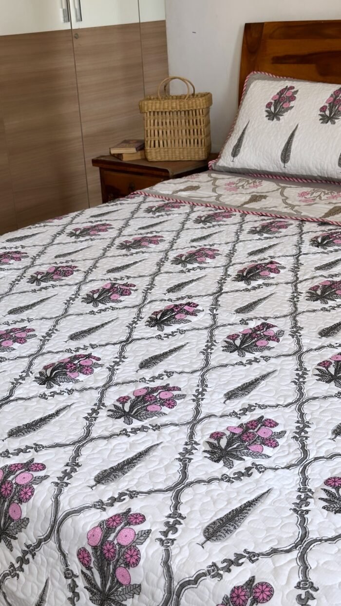 Grey-Pink Bouquet Reversible Quilted Bedcover - Image 6