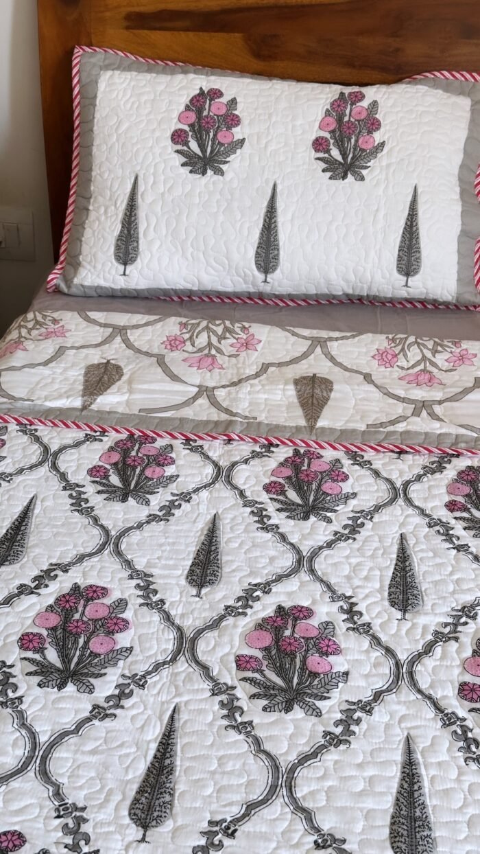 Grey-Pink Bouquet Reversible Quilted Bedcover - Image 5