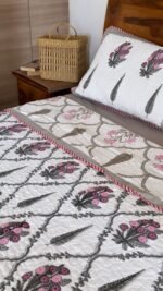Grey-Pink Bouquet Reversible Quilted Bedcover