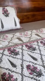 Grey-Pink Bouquet Reversible Quilted Bedcover - Image 7