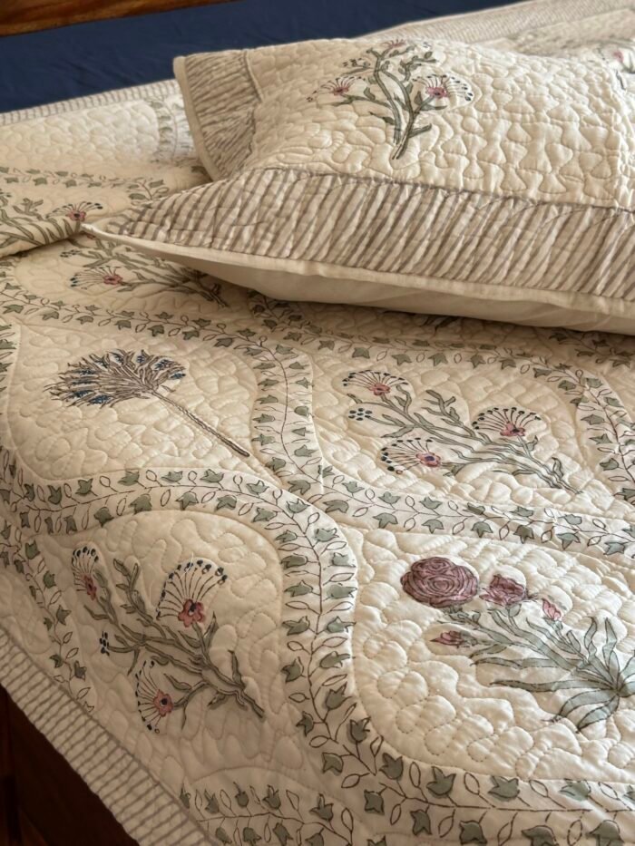 Grey bouquet Handblocked Quilted Bedcover - Image 3