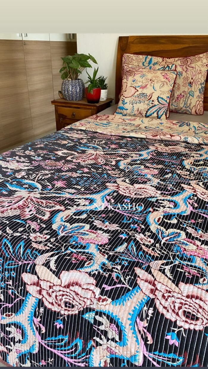 Beige-Black 5 Piece Reversible Bedcover - Image 2