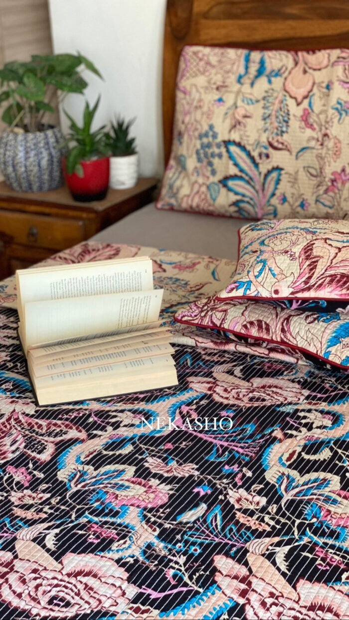Beige-Black 5 Piece Reversible Bedcover - Image 4