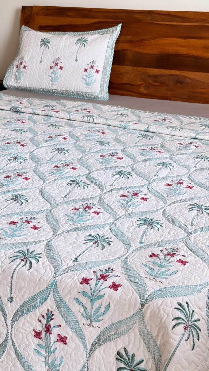 Palm-Phool Jaal Handblocked Super King Size Bedcover - Image 6