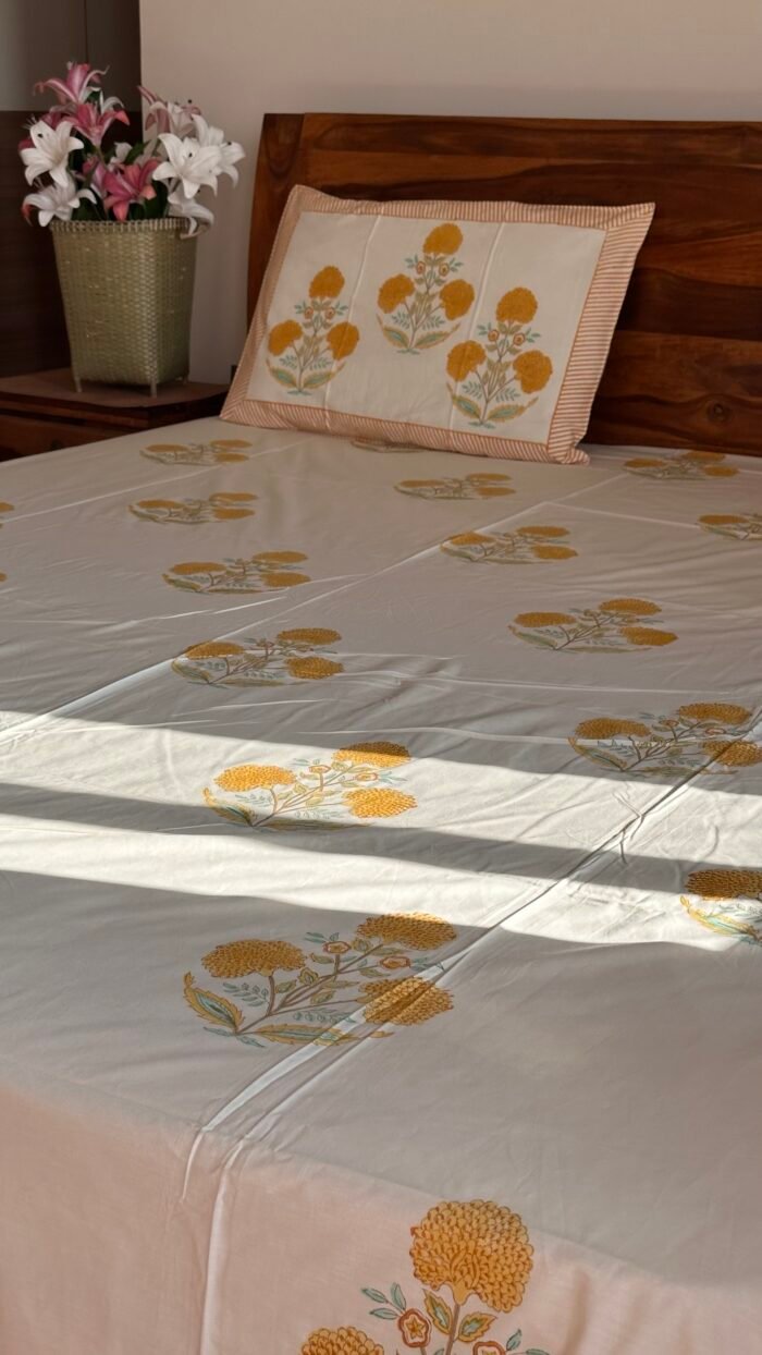 Mustard Phool Premium King Size Bedsheet - Image 3