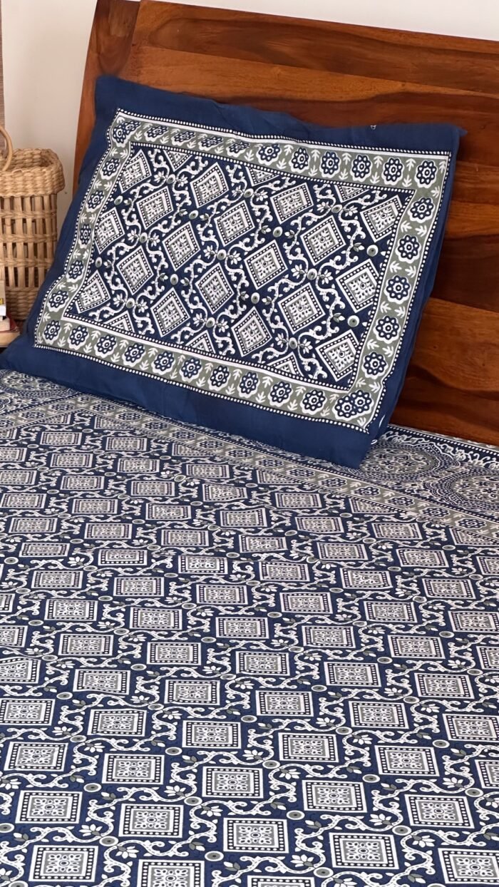 Ajrakh Blue King Size Bedsheet - Image 4