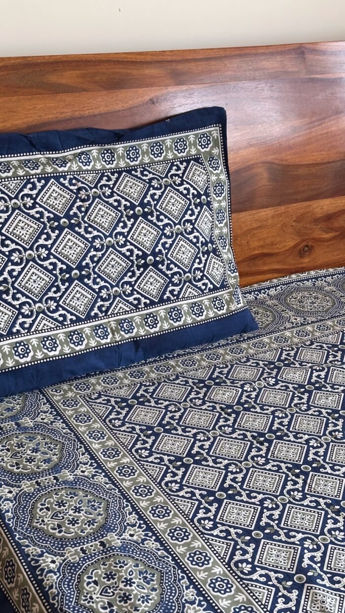 Ajrakh Blue King Size Bedsheet - Image 6